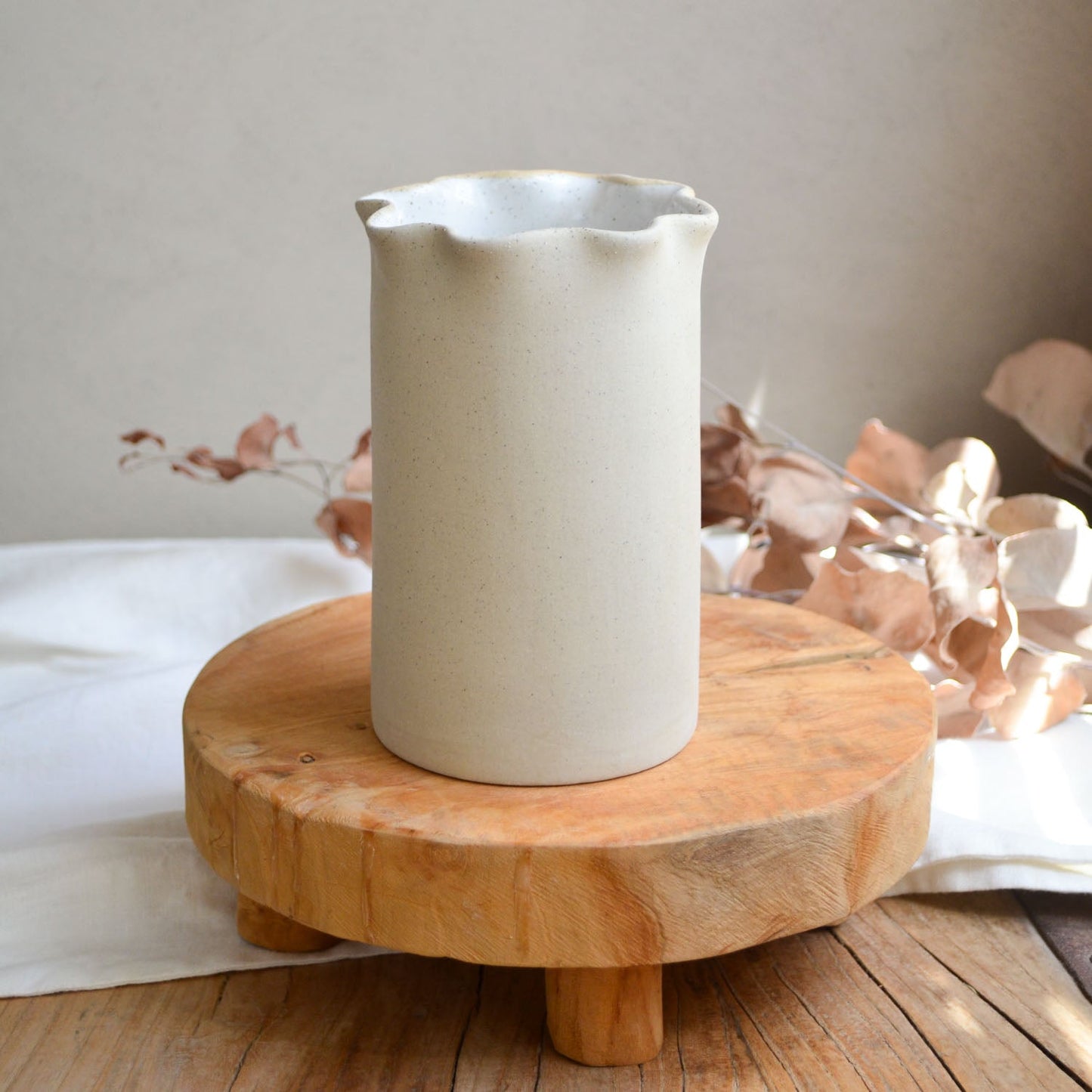 Ruffle Vase / Utensil holder ~ White on Natural