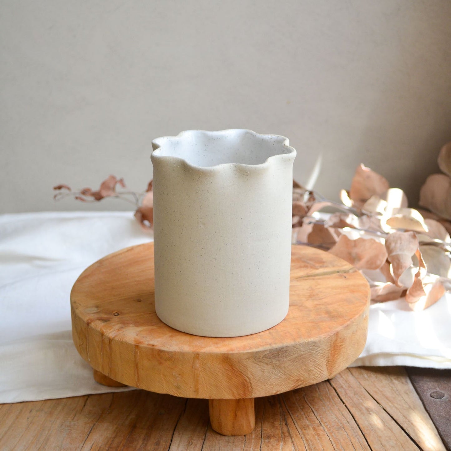 Ruffle Vase / Utensil holder ~ White on Natural