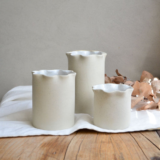Ruffle Vase / Utensil holder ~ White on Natural