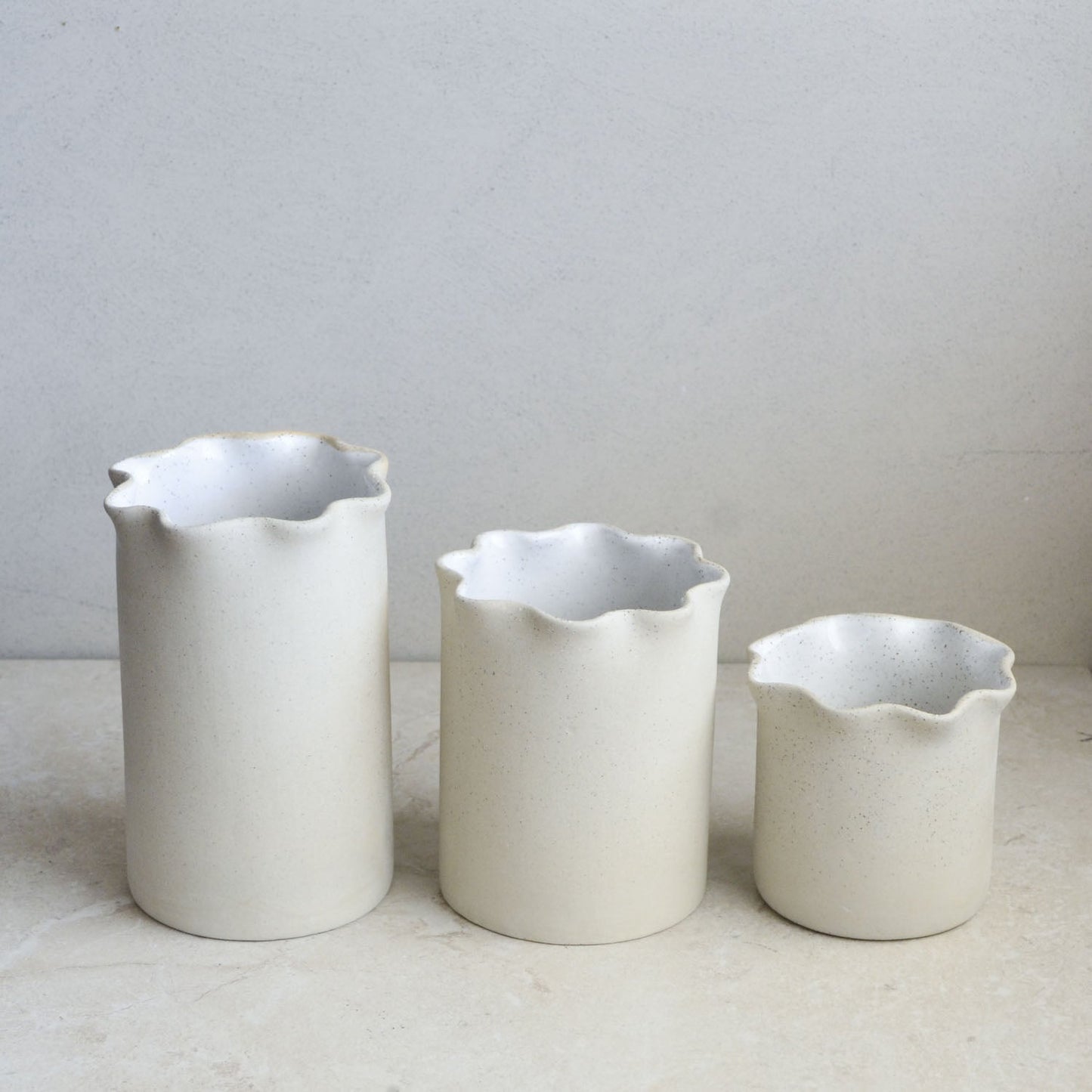 Ruffle Vase / Utensil holder ~ White on Natural